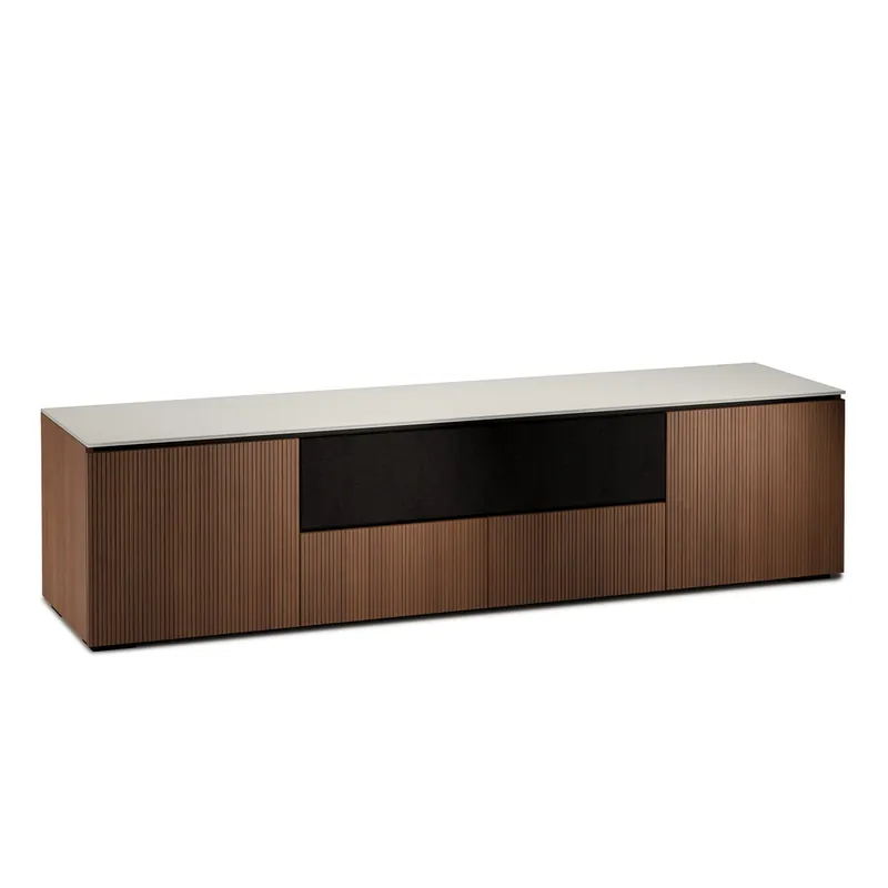 Reduced Price Salamander Designs Chameleon Collection Manhattan 245 Quad Speaker Integrated AV Cabinet (Medium Walnut Doors and Sides, Matte Taupe Glass Top)