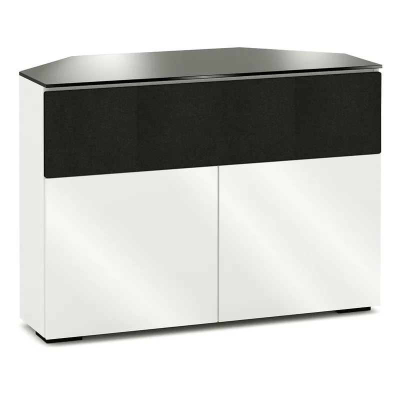 Viral Salamander Designs Chameleon Collection Miami 329 Twin Speaker Integrated Corner Cabinet (High Gloss White with Black Glass Top)