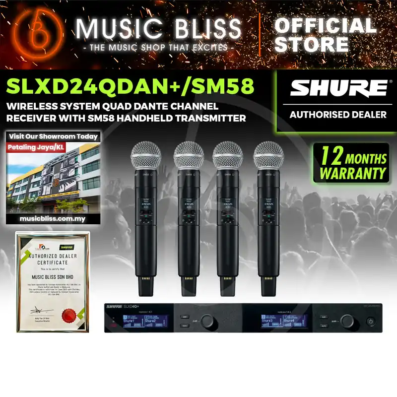 Place Order Shure SLXD24QDAN+/SM58 Wireless System Quad Dante Channel Receiver with SM58 Handheld Transmitter