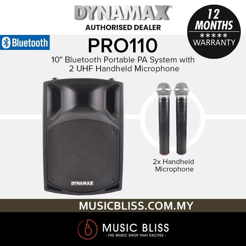 Order Now Dynamax PRO110 10" Bluetooth Portable PA System with 2 UHF Handheld Microphone