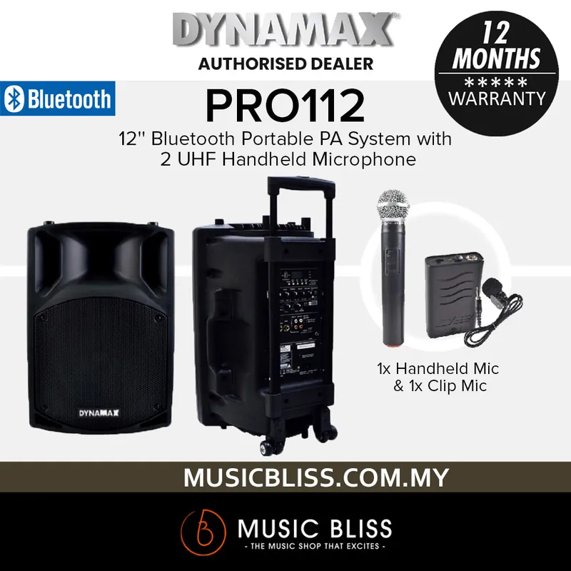 Instant Buy Dynamax PRO112 12'' Bluetooth Portable PA Systemwith 1 UHF Handheld Microphone and 1 Clip Mic