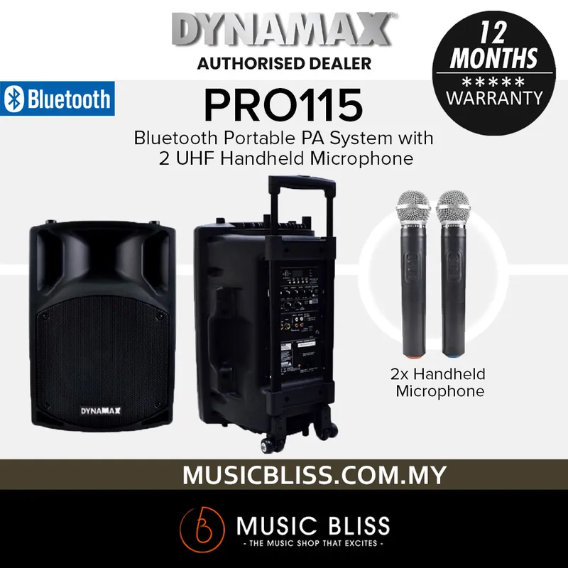 Free Returns Dynamax PRO115 15" Bluetooth Portable PA System with 2 UHF Handheld Microphone