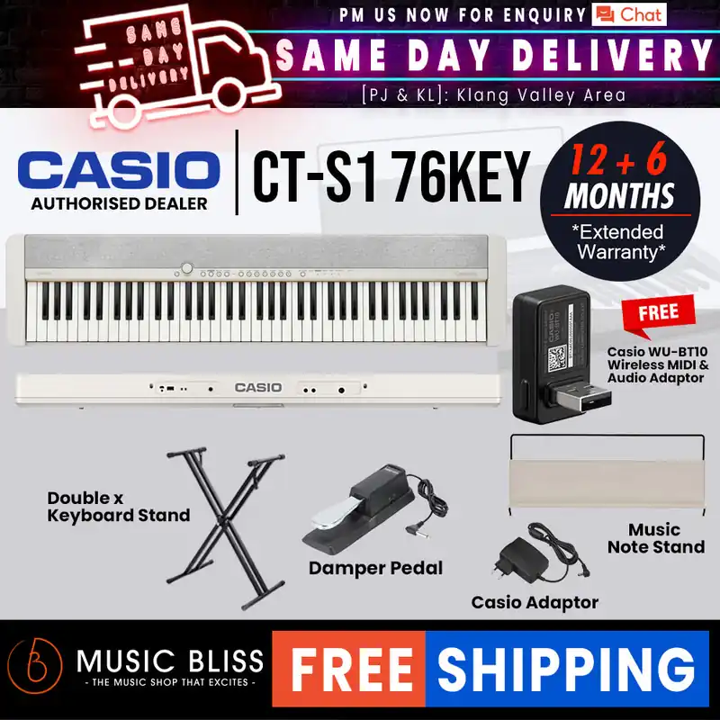 Mega Sale Casio CT-S1 76-key Portable Keyboard with FREE WU-BT10 and Keyboard Stand - White
