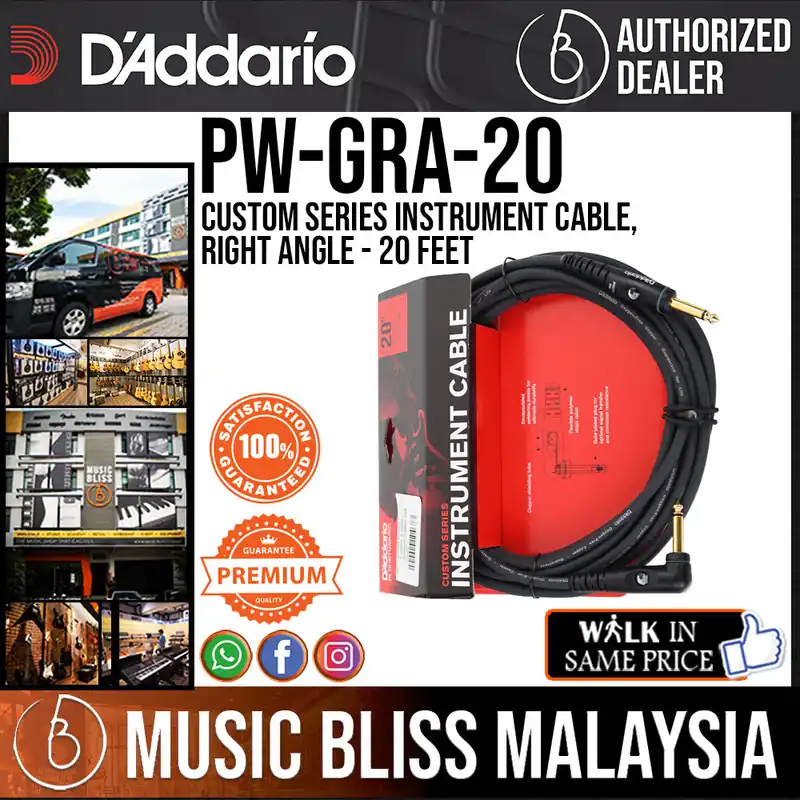 D'Addario PW-GRA-20 Custom Series Instrument Cable, Right Angle - 20 feet Time-Limited