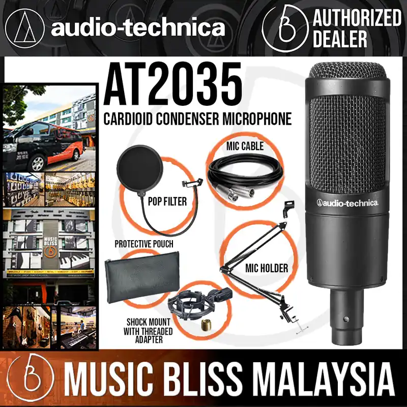 Audio Technica AT2035 Cardioid Condenser Microphone with Pop Filter, Mic Holder and 3m Cable Modern
