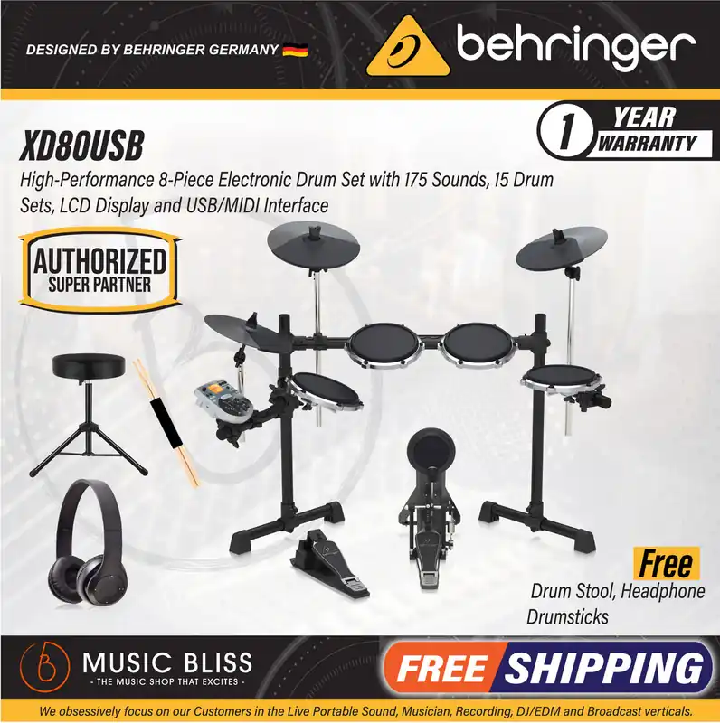 Behringer XD-80USB 5-piece Electronic Drum Set with Headphone, Drum Stool, Drumsticks, Best Beginner Home Practice Digital Drum Cheap