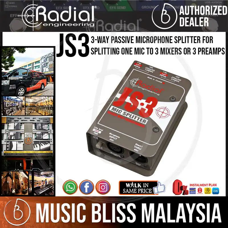Direct From Manufacturer Radial Engineering JS-3 3-Way Passive Microphone Splitter For Splitting One Mic to 3 Mixers or 3 Preamps