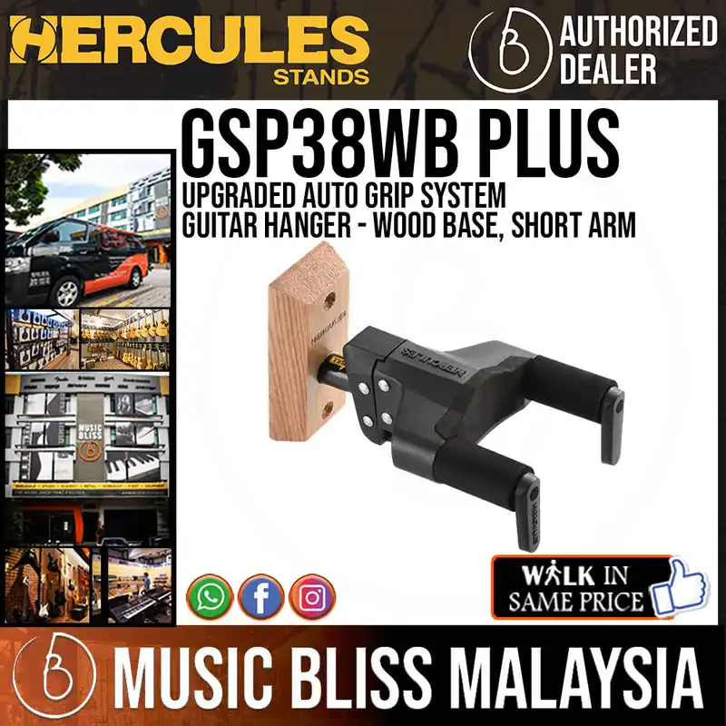 Order Now Hercules GSP38WB PLUS Upgraded Auto Grip System Guitar Hanger - Wood Base, Short Arm