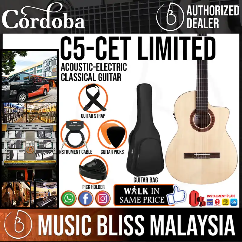 Cordoba C5-CET Limited - Solid Spruce Top, Maple Back & Sides with Pickup with Classical Guitar Bag, Mid Range Thinline Electric-Classical Guitar Reduced Price