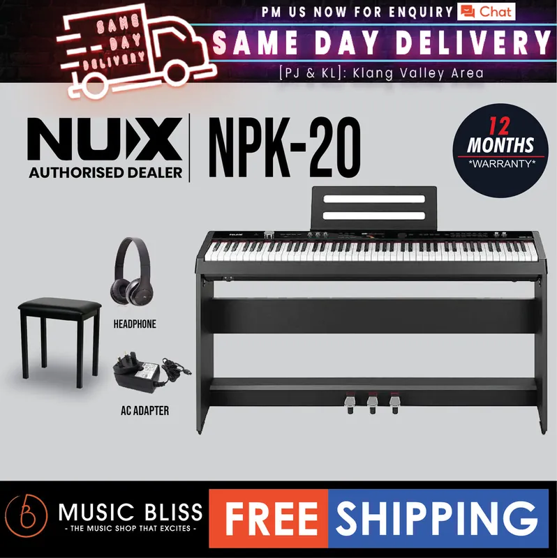 Free Delivery NUX NPK-20 88-Key Portable Digital Piano with Wooden Stand and 3 Pedals - Black