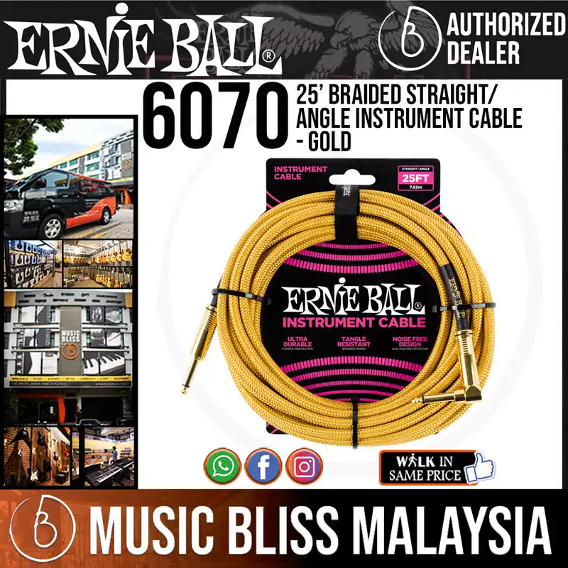 Ernie Ball 6070 25 Feet Braided Straight/Angle Instrument Cable - Gold Factory Price
